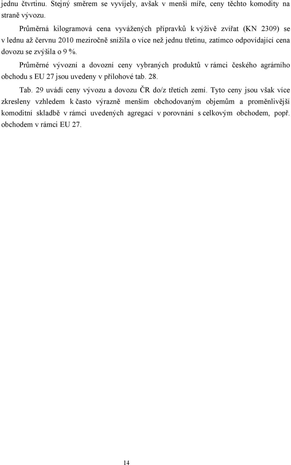 dovozu se zvýšila o 9 %. Průměrné vývozní a dovozní ceny vybraných produktů v rámci českého agrárního obchodu s EU 27 jsou uvedeny v přílohové tab. 28. Tab.