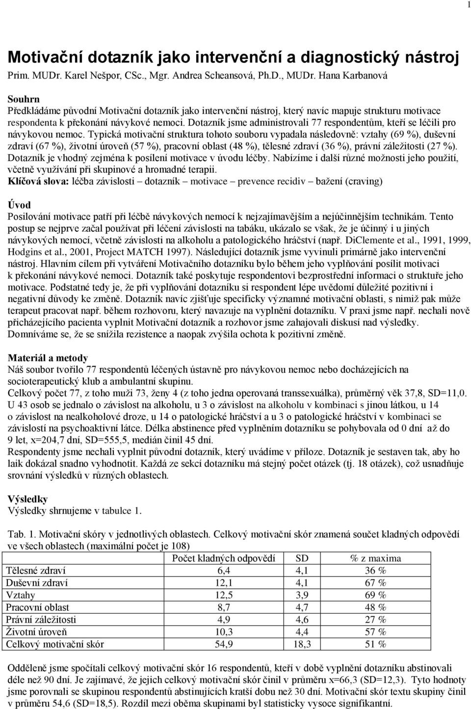 Dotazník jsme administrovali 77 respondentům, kteří se léčili pro návykovou nemoc.