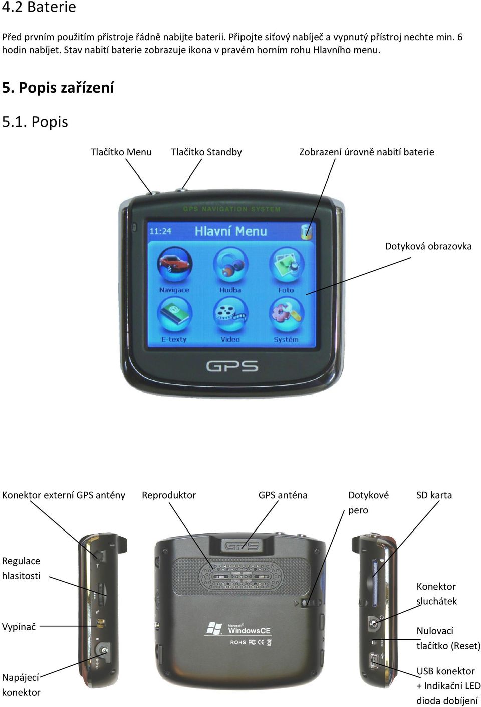 Popis Tlačítko Menu Tlačítko Standby Zobrazení úrovně nabití baterie Dotyková obrazovka Konektor externí GPS antény Reproduktor GPS