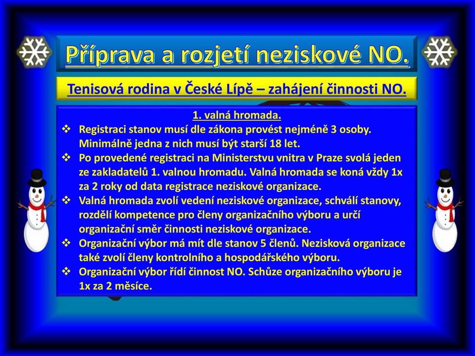 Valná hromada zvolí vedení neziskové organizace, schválí stanovy, rozdělí kompetence pro členy organizačního výboru a určí organizační směr činnosti neziskové organizace.