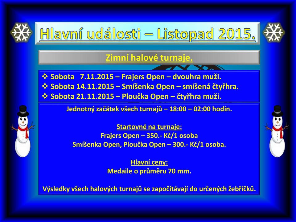 Startovné na turnaje: Frajers Open 350.- Kč/1 osoba Smíšenka Open, Ploučka Open 300.- Kč/1 osoba. Hlavní ceny: Medaile o průměru 70 mm.