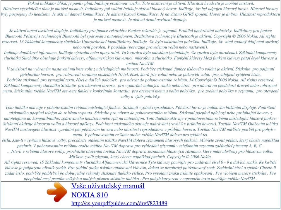 Je navázáno GPRS spojení. Hovor je dr¾en. Hlasitost reproduktoru je mo¾né nastavit. Je aktivní denní osvìtlení displeje. Je aktivní noèní osvìtlení displeje.