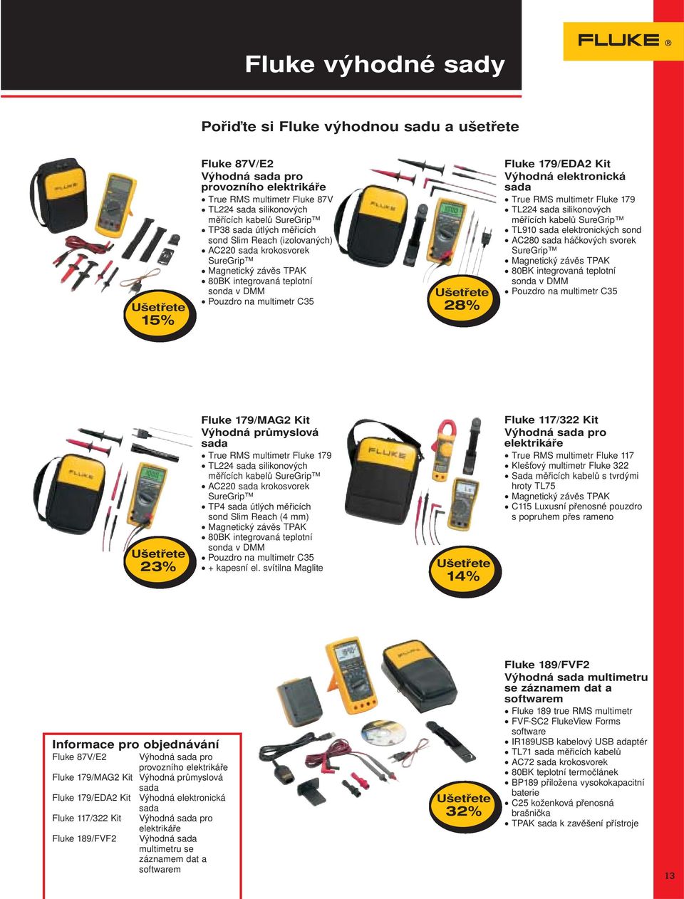 Fluke 179/EDA2 Kit Výhodná elektronická sada True RMS multimetr Fluke 179 TL224 sada silikonových měřících kabelů SureGrip TL910 sada elektronických sond AC280 sada háčkových svorek SureGrip