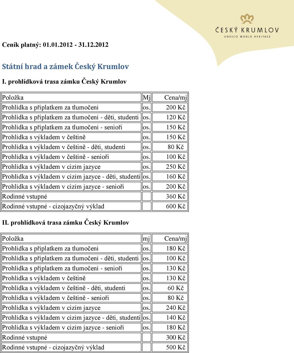 150 Kč Prohlídka s výkladem v češtině - děti, studenti Prohlídka s výkladem v češtině - senioři Prohlídka s výkladem v cizím jazyce os. 250 Kč Prohlídka s výkladem v cizím jazyce - děti, studenti os.