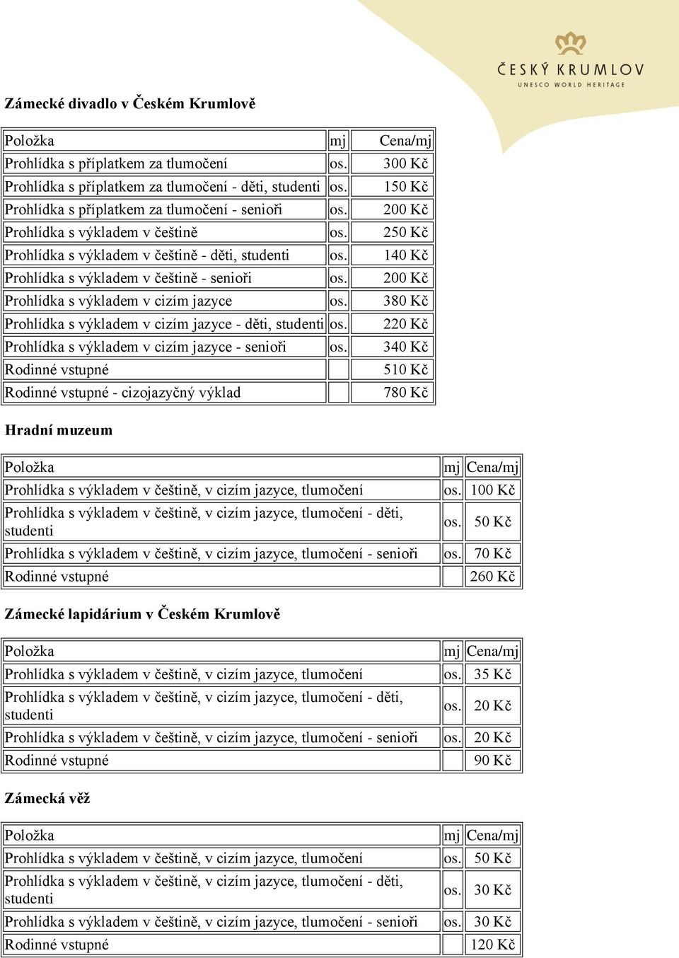 380 Kč Prohlídka s výkladem v cizím jazyce - děti, studenti os. 220 Kč Prohlídka s výkladem v cizím jazyce - senioři os.