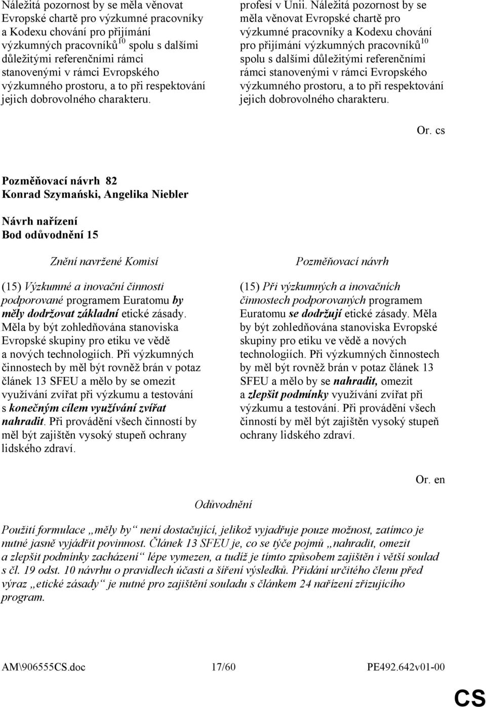 cs 82 Konrad Szymański, Angelika Niebler Bod odůvodnění 15 (15) Výzkumné a inovační činnosti podporované programem Euratomu by měly dodržovat základní etické zásady.