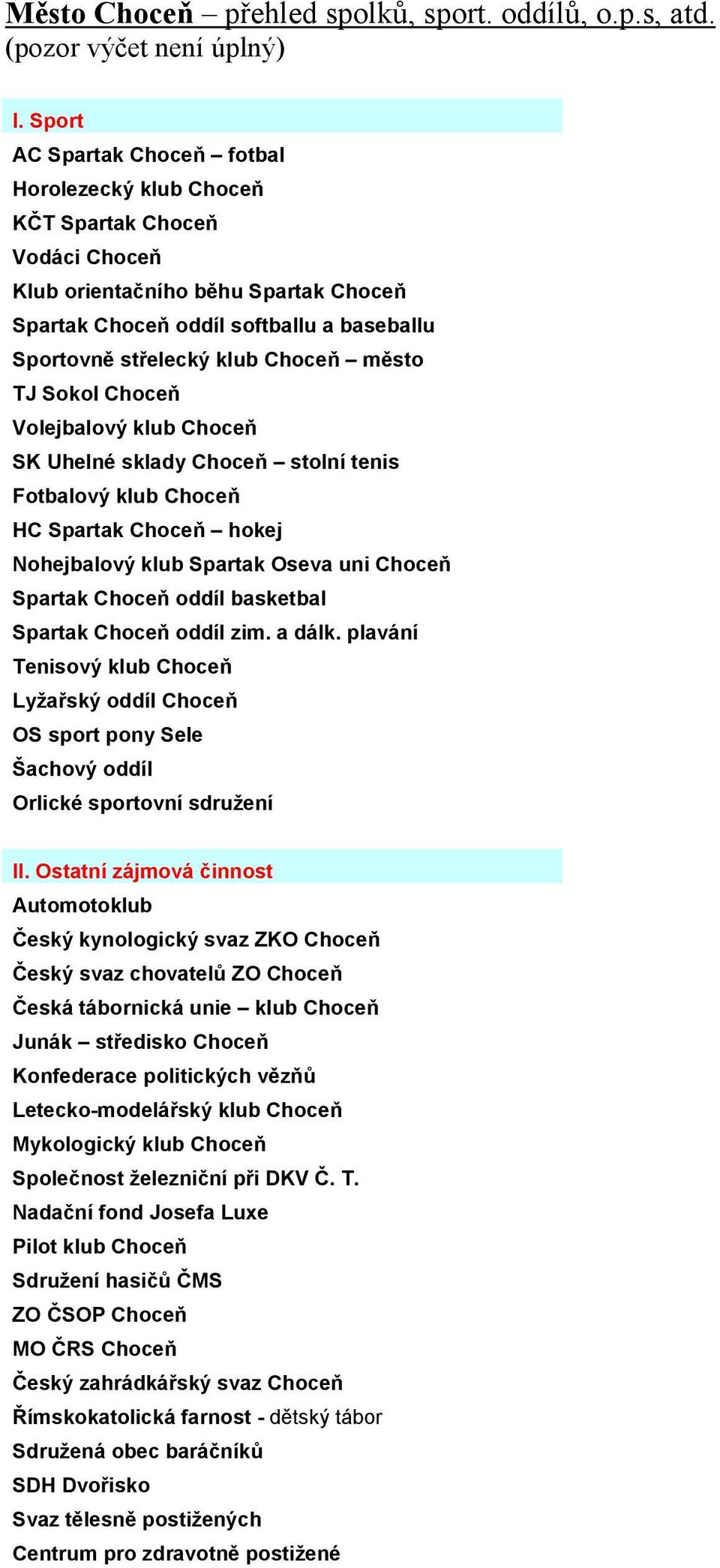 Choceň město TJ Sokol Choceň Volejbalový klub Choceň SK Uhelné sklady Choceň stolní tenis Fotbalový klub Choceň HC Spartak Choceň hokej Nohejbalový klub Spartak Oseva uni Choceň Spartak Choceň oddíl