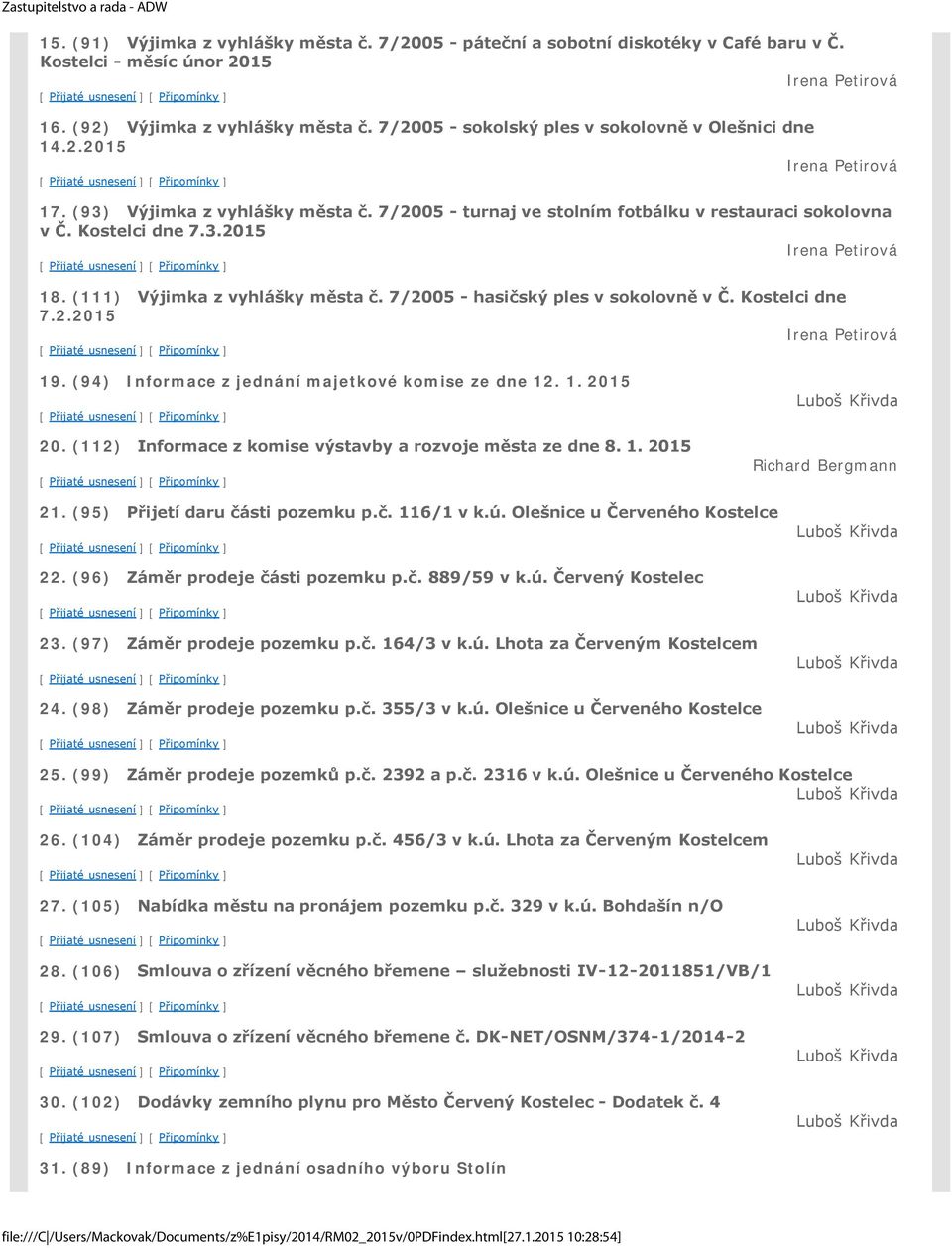 (111) Výjimka z vyhlášky města č. 7/2005 - hasičský ples v sokolovně v Č. Kostelci dne 7.2.2015 Irena Petirová 19. (94) Informace z jednání majetkové komise ze dne 12. 1. 2015 20.