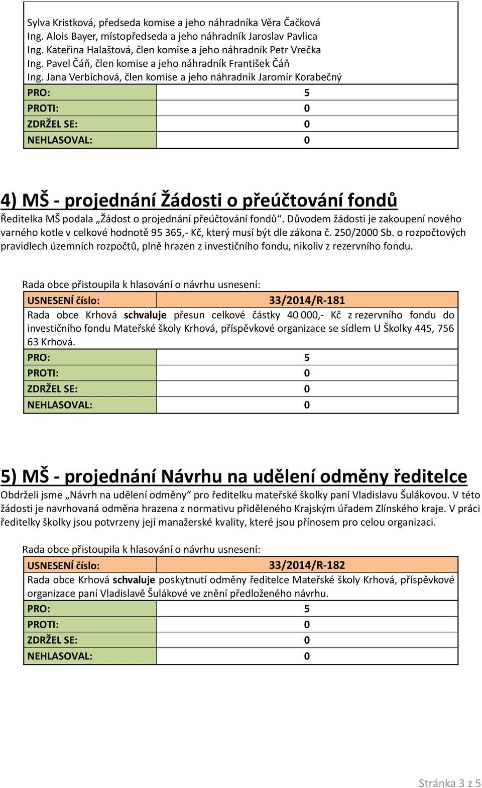 Jana Verbichová, člen komise a jeho náhradník Jaromír Korabečný 4) MŠ - projednání Žádosti o přeúčtování fondů Ředitelka MŠ podala Žádost o projednání přeúčtování fondů.