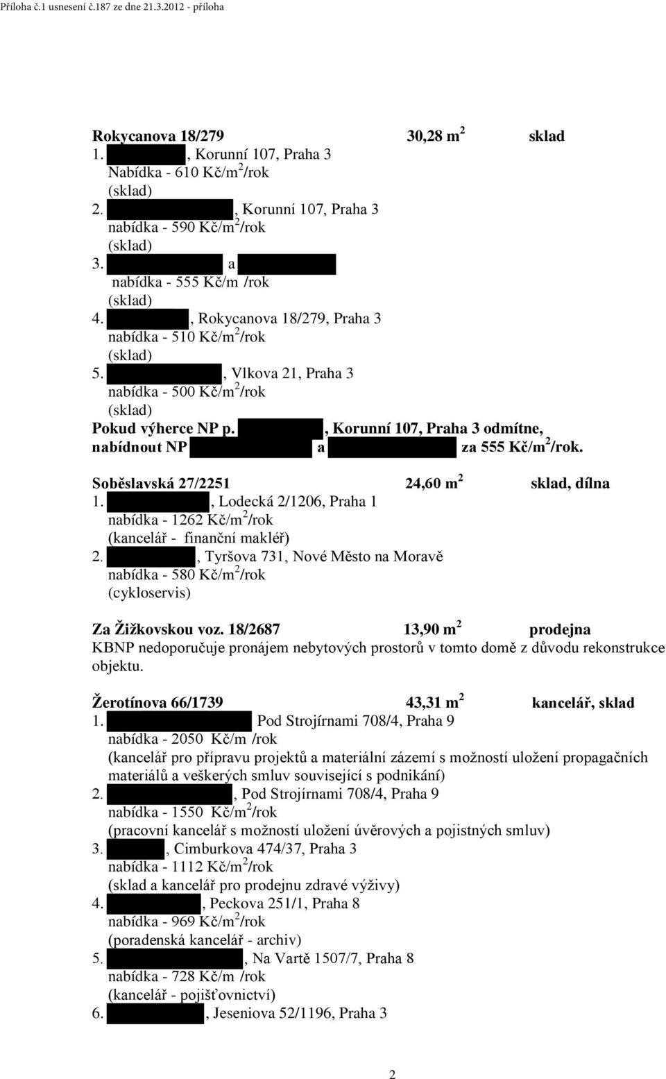 , Korunní 107, Praha 3 odmítne, nabídnout NP a za 555 Kč/m 2 /rok. Soběslavská 27/2251 24,60 m 2 sklad, dílna 1., Lodecká 2/1206, Praha 1 nabídka - 1262 Kč/m 2 /rok (kancelář - finanční makléř) 2.
