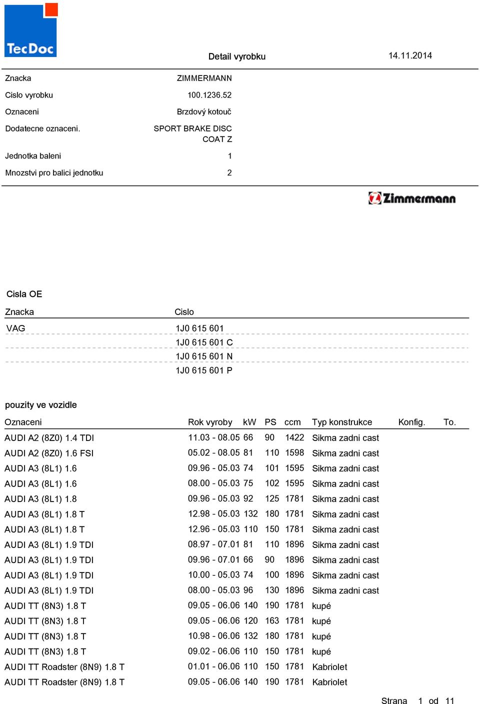 05 66 90 1422 Sikma zadni cast AUDI A2 (8Z0) 1.6 FSI 05.02-08.05 81 110 1598 Sikma zadni cast AUDI A3 (8L1) 1.6 09.96-05.03 74 101 1595 Sikma zadni cast AUDI A3 (8L1) 1.6 08.00-05.