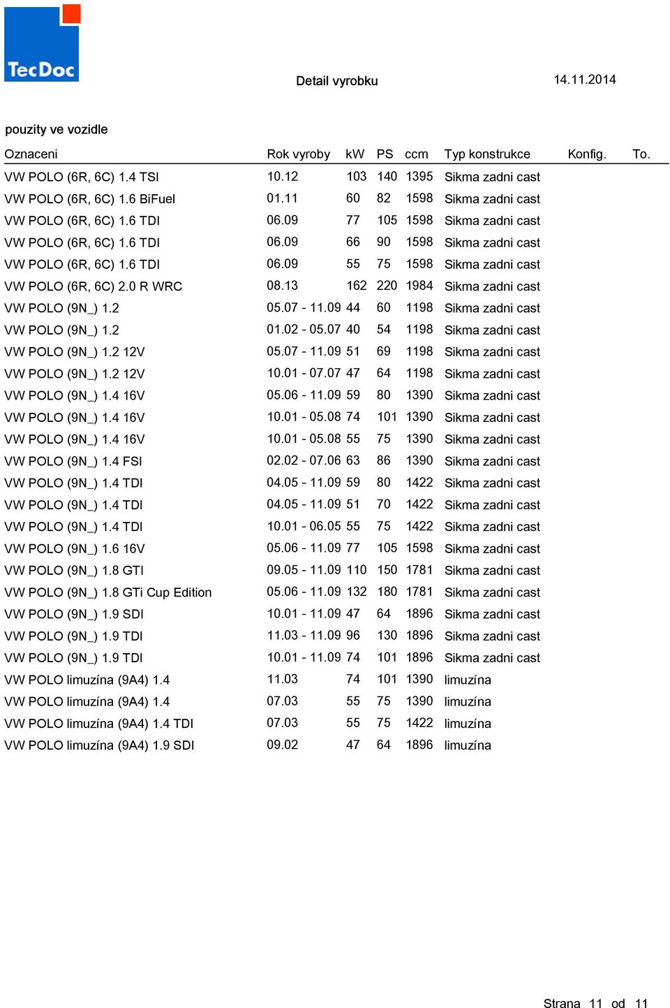 13 162 220 1984 Sikma zadni cast VW POLO (9N_) 1.2 05.07-11.09 44 60 1198 Sikma zadni cast VW POLO (9N_) 1.2 01.02-05.07 40 54 1198 Sikma zadni cast VW POLO (9N_) 1.2 12V 05.07-11.09 51 69 1198 Sikma zadni cast VW POLO (9N_) 1.