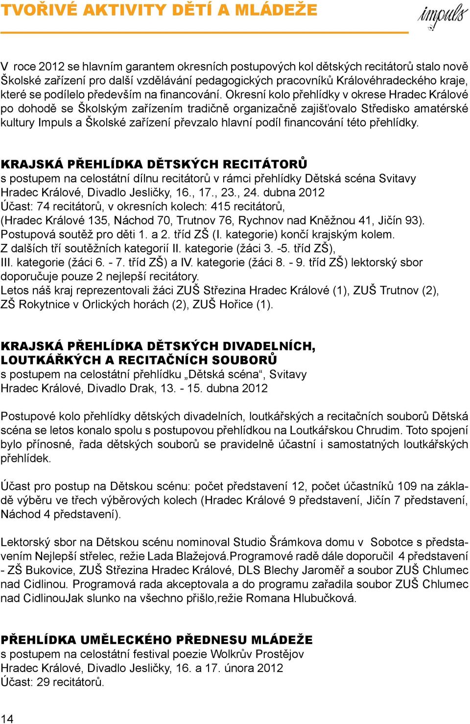 Okresní kolo přehlídky v okrese Hradec Králové po dohodě se Školským zařízením tradičně organizačně zajišťovalo Středisko amatérské kultury Impuls a Školské zařízení převzalo hlavní podíl financování