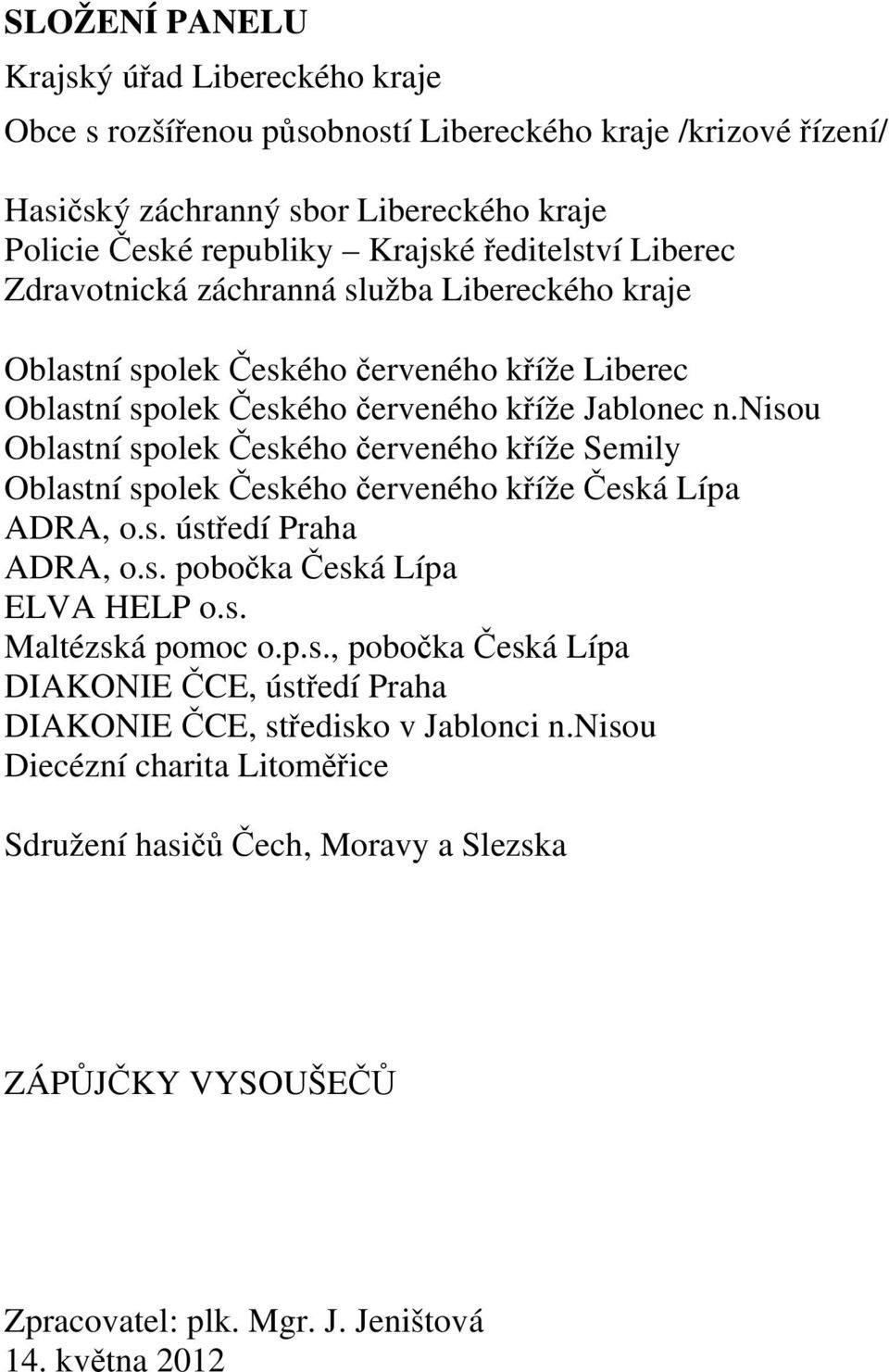 nisou Oblastní spolek Českého červeného kříže Semily Oblastní spolek Českého červeného kříže Česká Lípa ADRA, o.s. ústředí Praha ADRA, o.s. pobočka Česká Lípa ELVA HELP o.s. Maltézská pomoc o.p.s., pobočka Česká Lípa DIAKONIE ČCE, ústředí Praha DIAKONIE ČCE, středisko v Jablonci n.