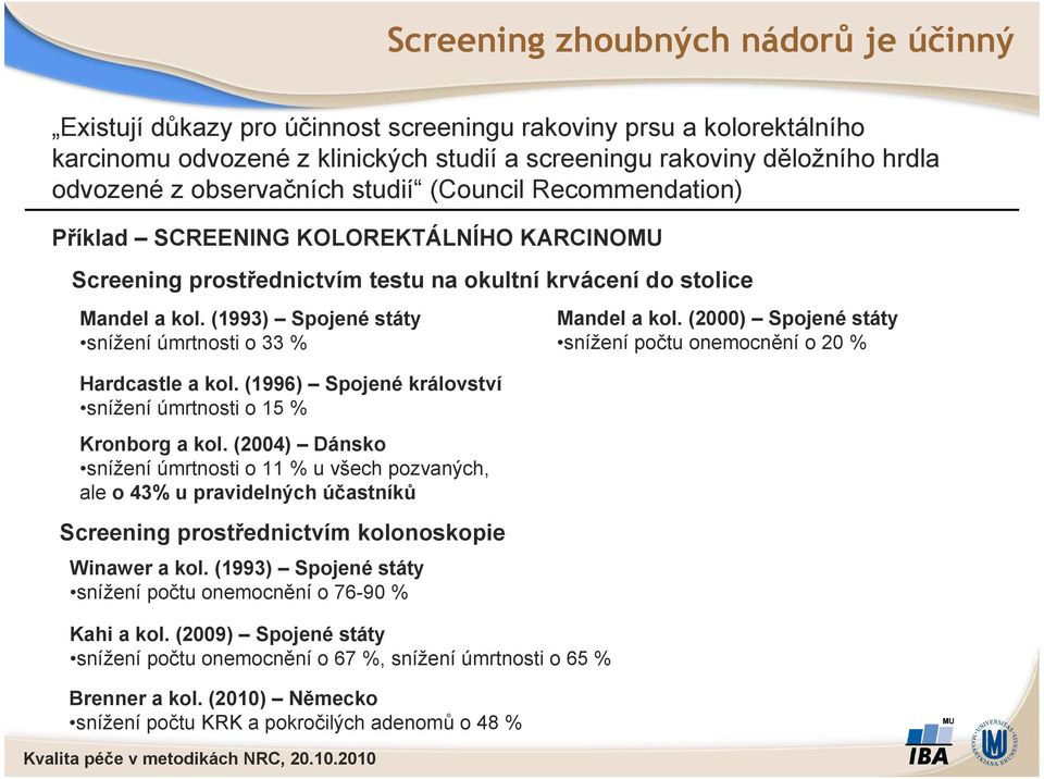 (1993) Spojené státy snížení úmrtnosti o 33 % Hardcastle a kol. (1996) Spojené království snížení úmrtnosti o 15 % Kronborg a kol.