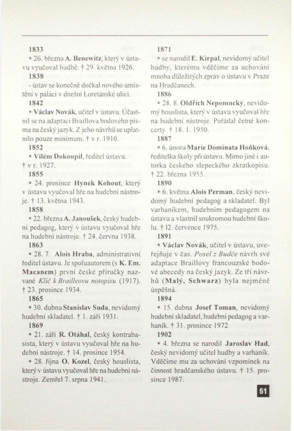 1852 * Vilém Dokoupil, ředitel ústavu, t vr. 1927. 1855 * 24. prosince Hynek Kohout, který v ústavu vyučoval hře na hudební nástroje. t 13. května 1943. 1858 * 22. března A.