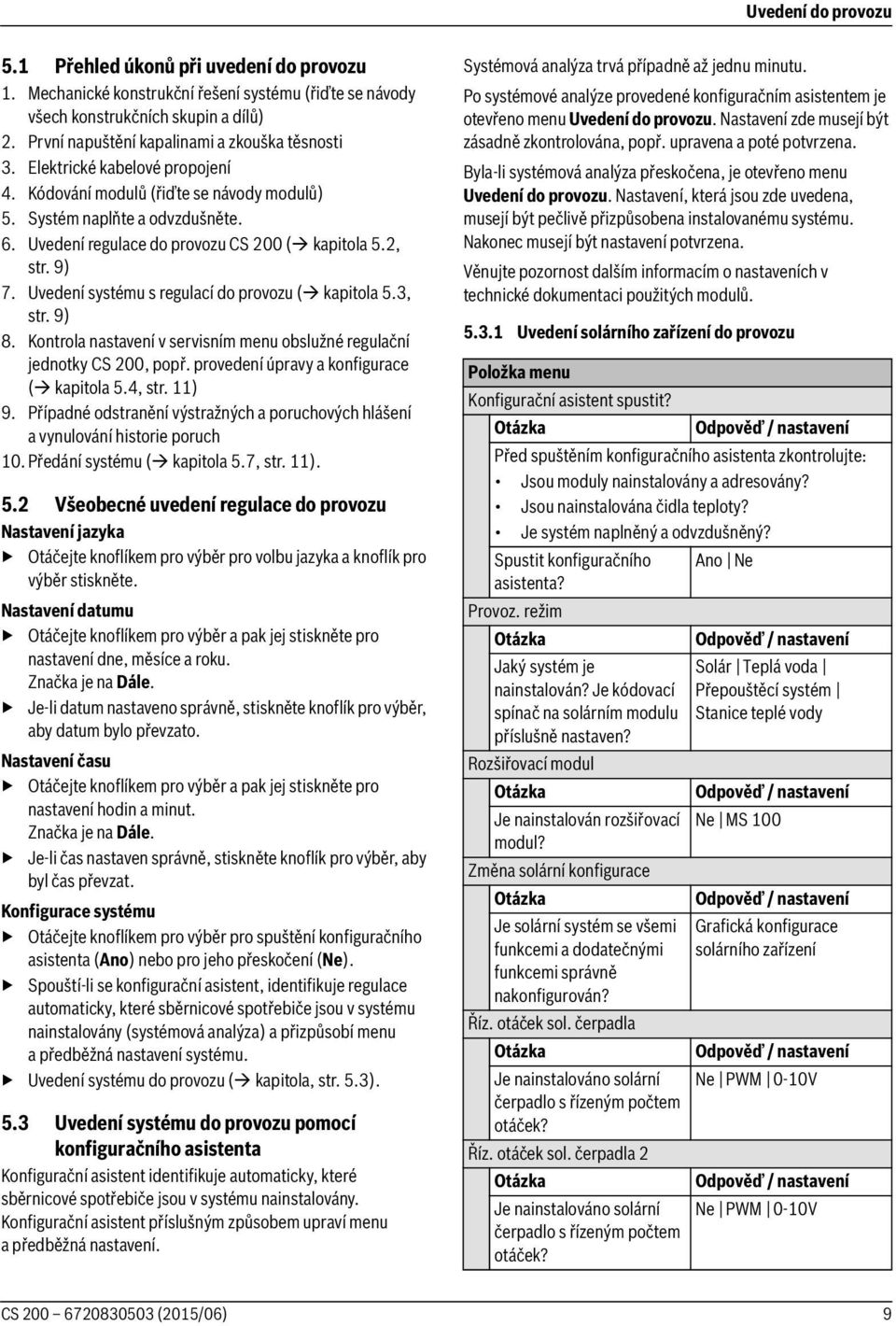 Uvedení regulace do provozu CS 200 ( kapitola 5.2, str. 9) 7. Uvedení systému s regulací do provozu ( kapitola 5.3, str. 9) 8.
