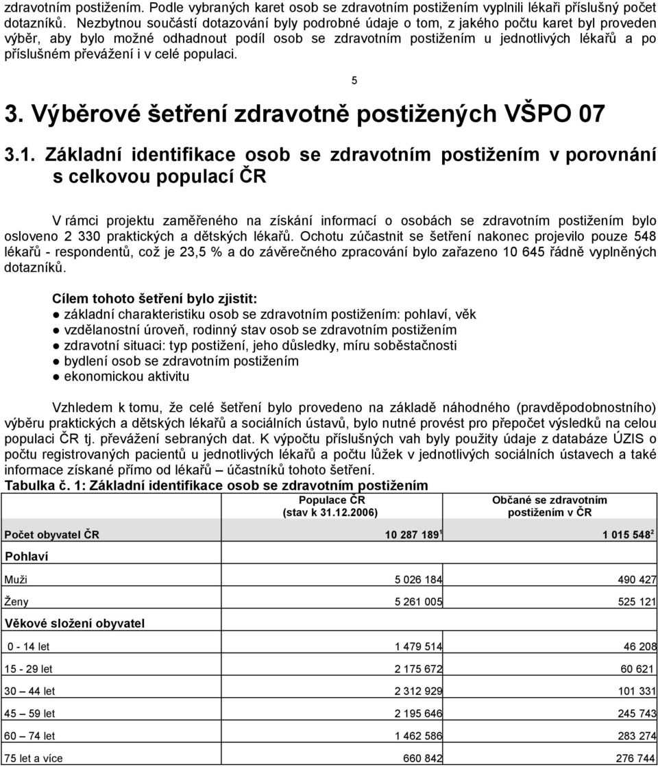 převážení i v celé populaci. 3. Výběrové šetření zdravotně postižených VŠPO 07 3.1.