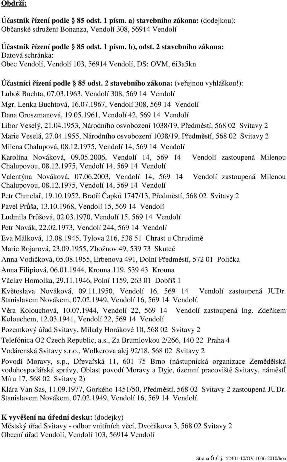 Lenka Buchtová, 16.07.1967, Vendolí 308, 569 14 Vendolí Dana Groszmanová, 19.05.1961, Vendolí 42, 569 14 Vendolí Libor Veselý, 21.04.