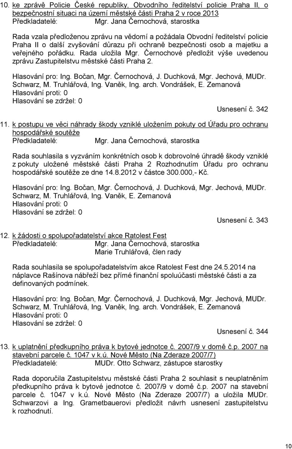 Rada uložila Mgr. Černochové předložit výše uvedenou zprávu Zastupitelstvu městské části Praha 2. Hlasování pro: Ing. Bočan, Mgr. Černochová, J. Duchková, Mgr. Jechová, MUDr. Schwarz, M.