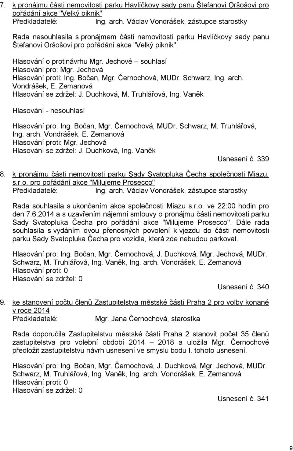 Jechové souhlasí Hlasování pro: Mgr. Jechová Hlasování proti: Ing. Bočan, Mgr. Černochová, MUDr. Schwarz, Ing. arch. Vondrášek, E. Zemanová Hlasování se zdržel: J. Duchková, M. Truhlářová, Ing.