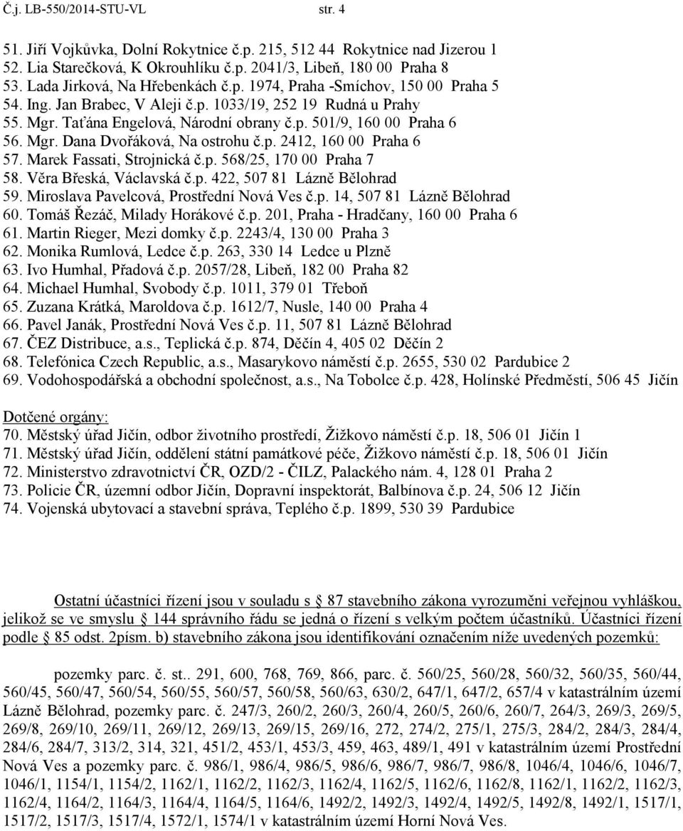 Mgr. Dana Dvořáková, Na ostrohu č.p. 2412, 160 00 Praha 6 57. Marek Fassati, Strojnická č.p. 568/25, 170 00 Praha 7 58. Věra Břeská, Václavská č.p. 422, 507 81 Lázně Bělohrad 59.