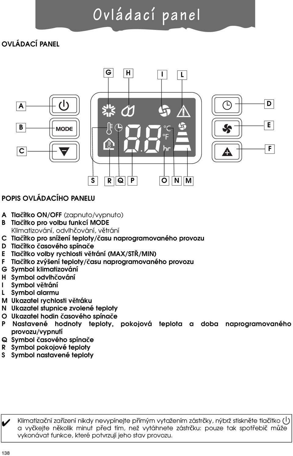 Symbol klimatizování H Symbol odvlhčování I Symbol větrání L Symbol alarmu M Ukazatel rychlosti větráku N Ukazatel stupnice zvolené teploty O Ukazatel hodin časového spínače P Nastavené hodnoty