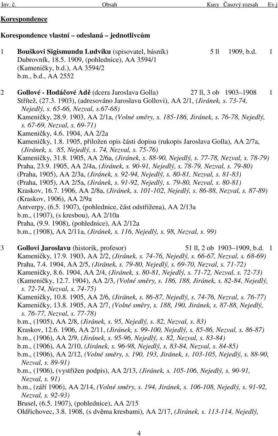 73-74, Nejedlý, s. 65-66, Nezval, s.67-68) Kameničky, 28.9. 1903, AA 2/1a, (Volné směry, s. 185-186, Jiránek, s. 76-78, Nejedlý, s. 67-69, Nezval, s. 69-71) Kameničky, 4.6. 1904, AA 2/2a Kameničky, 1.