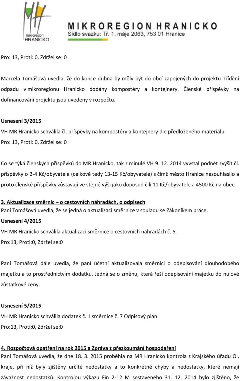 Co se týká členských příspěvků do MR Hranicko, tak z minulé VH 9. 12. 2014 vyvstal podnět zvýšit čl.