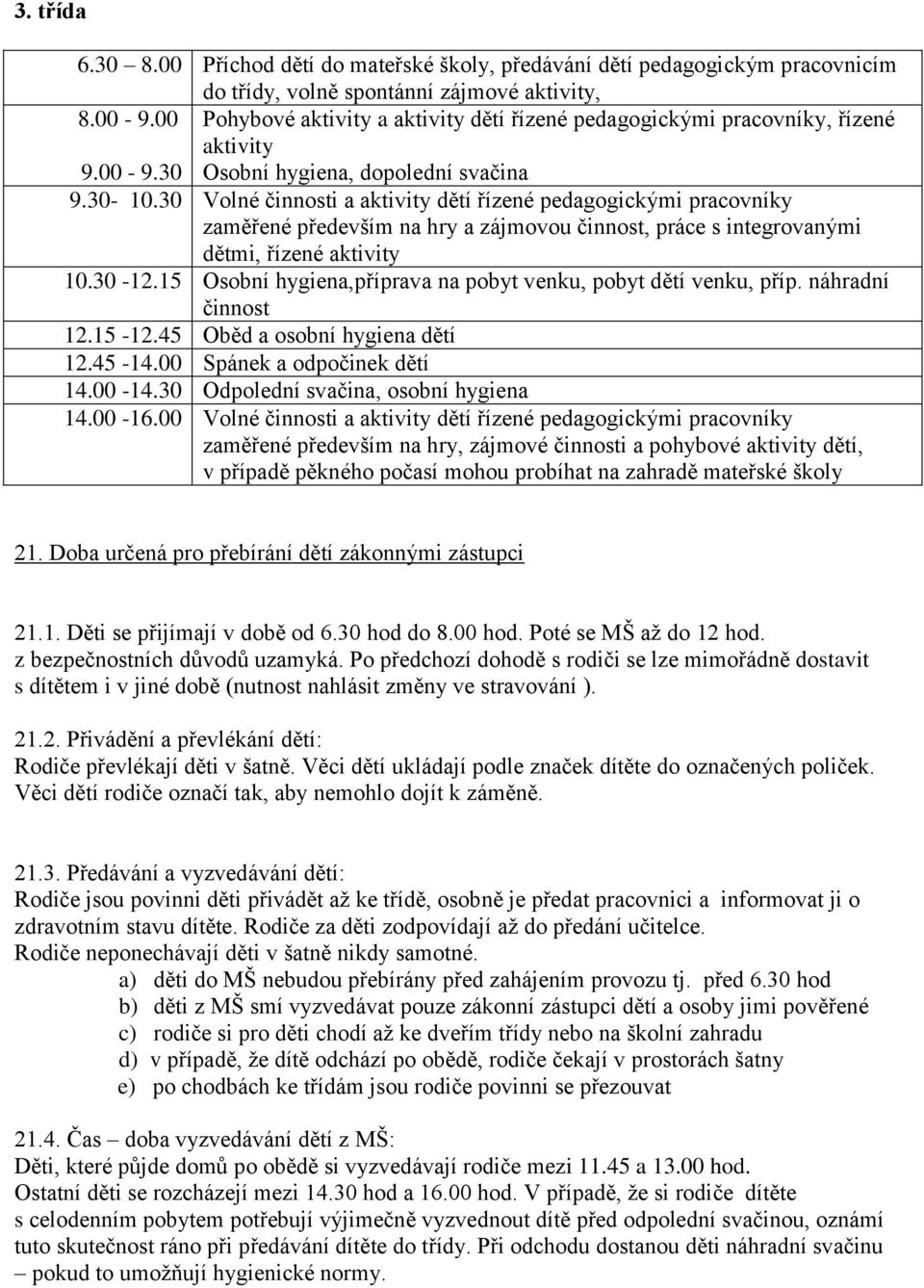 30 Volné činnosti a aktivity dětí řízené pedagogickými pracovníky zaměřené především na hry a zájmovou činnost, práce s integrovanými dětmi, řízené aktivity 10.30-12.