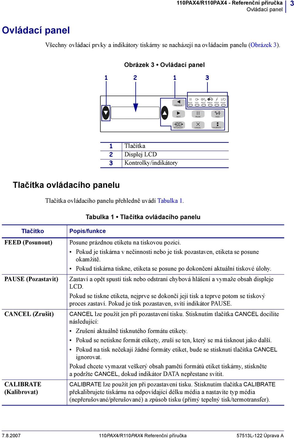 Tabulka 1 Tlačítka ovládacího panelu Tlačítko FEED (Posunout) PAUSE (Pozastavit) CANCEL (Zrušit) CALIBRATE (Kalibrovat) Popis/funkce Posune prázdnou etiketu na tiskovou pozici.