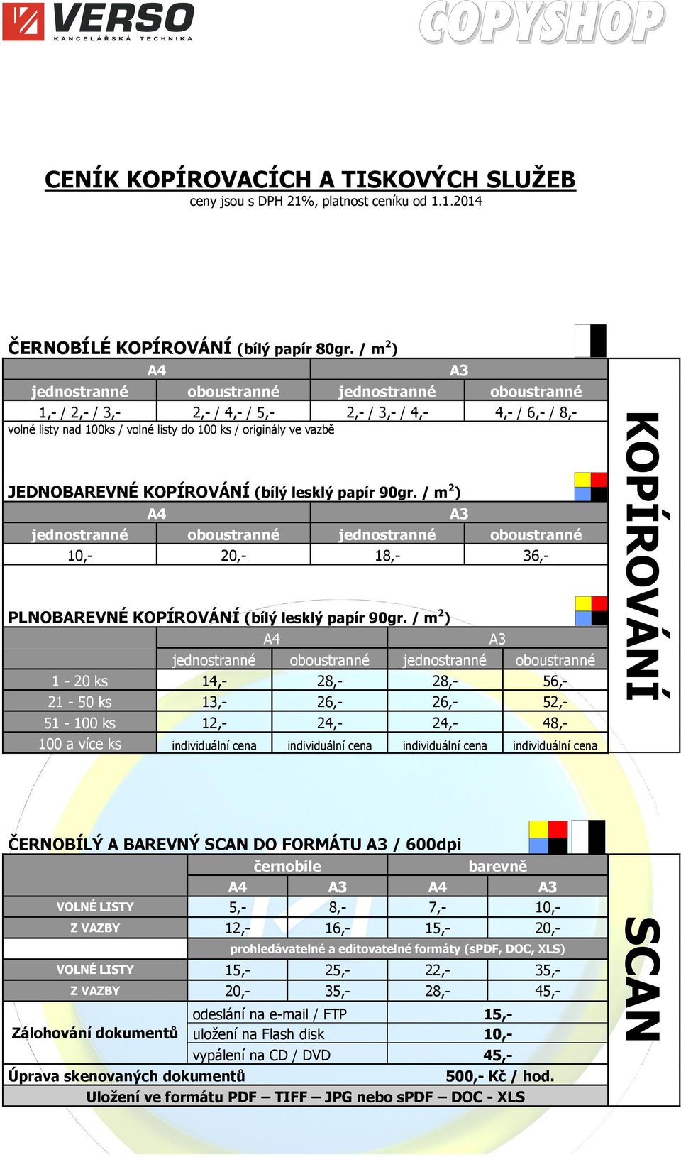 / m 2 ) 10,- 20,- 18,- 36,- PLNOBAREVNÉ KOPÍROVÁNÍ (bílý lesklý papír 90gr.