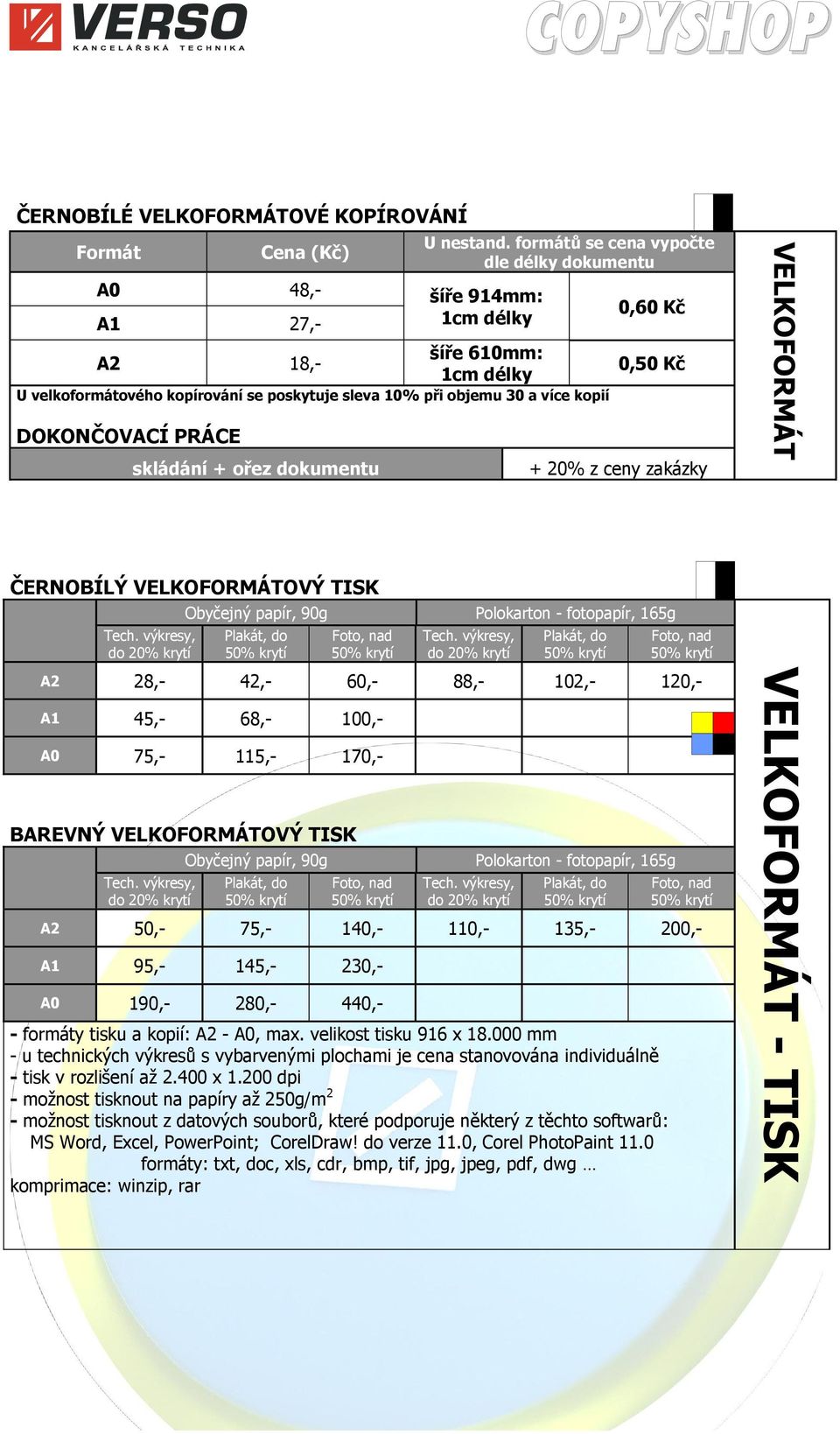 0,50 Kč DOKONČOVACÍ PRÁCE skládání + ořez dokumentu + 20% z ceny zakázky ČERNOBÍLÝ VELKOFORMÁTOVÝ TISK Tech. výkresy, do 20% krytí Obyčejný papír, 90g Plakát, do Foto, nad Tech.