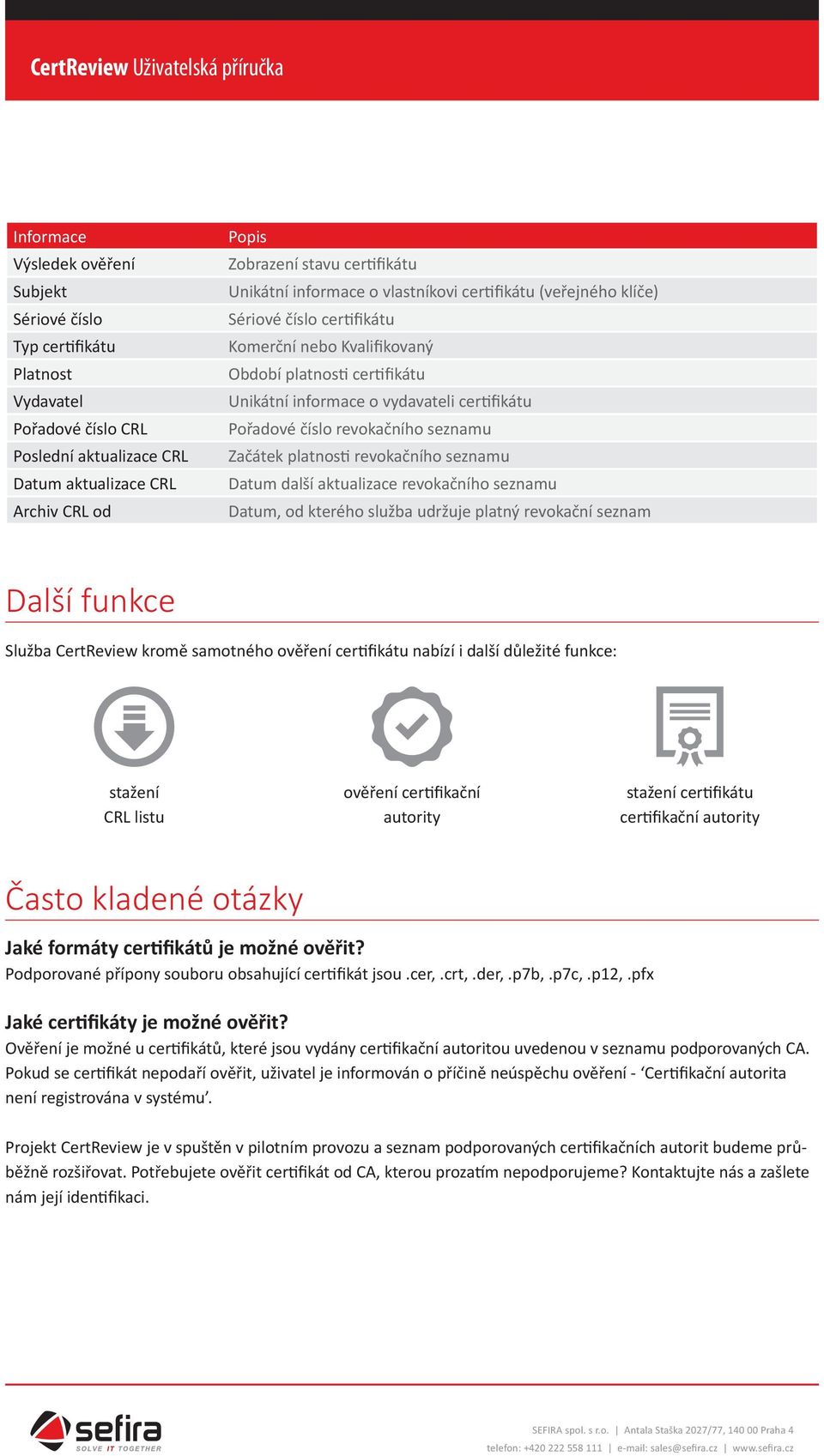 číslo revokačního seznamu Začátek platnosti revokačního seznamu Datum další aktualizace revokačního seznamu Datum, od kterého služba udržuje platný revokační seznam Další funkce Služba CertReview