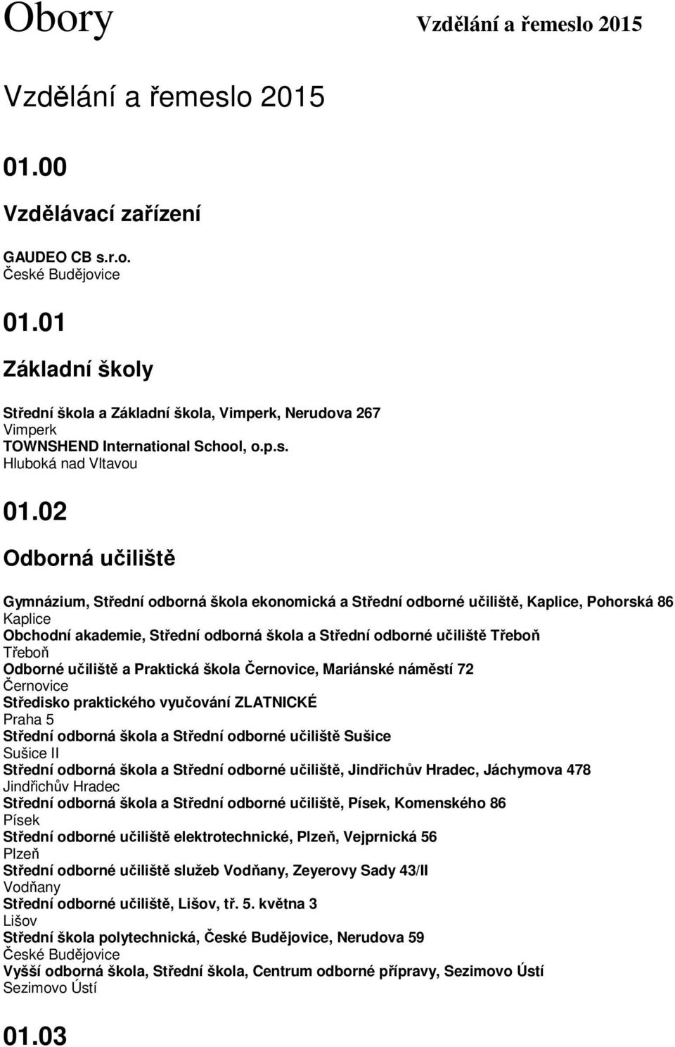 02 Odborná učiliště Gymnázium, Střední odborná škola ekonomická a Střední odborné učiliště, Kaplice, Pohorská 86 Kaplice Obchodní akademie, Střední odborná škola a Střední odborné učiliště Odborné