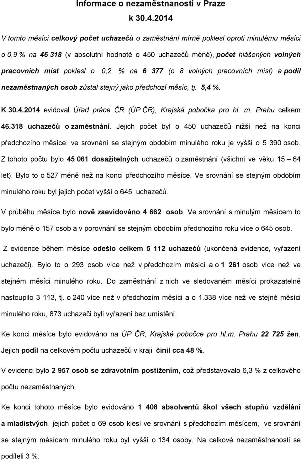 poklesl o 0,2 % na 6 377 (o 8 volných pracovních míst) a podíl nezaměstnaných osob zůstal stejný jako předchozí měsíc, tj. 5,4 %. K 30.4.2014 evidoval Úřad práce ČR (ÚP ČR), Krajská pobočka pro hl. m. Prahu celkem 46.
