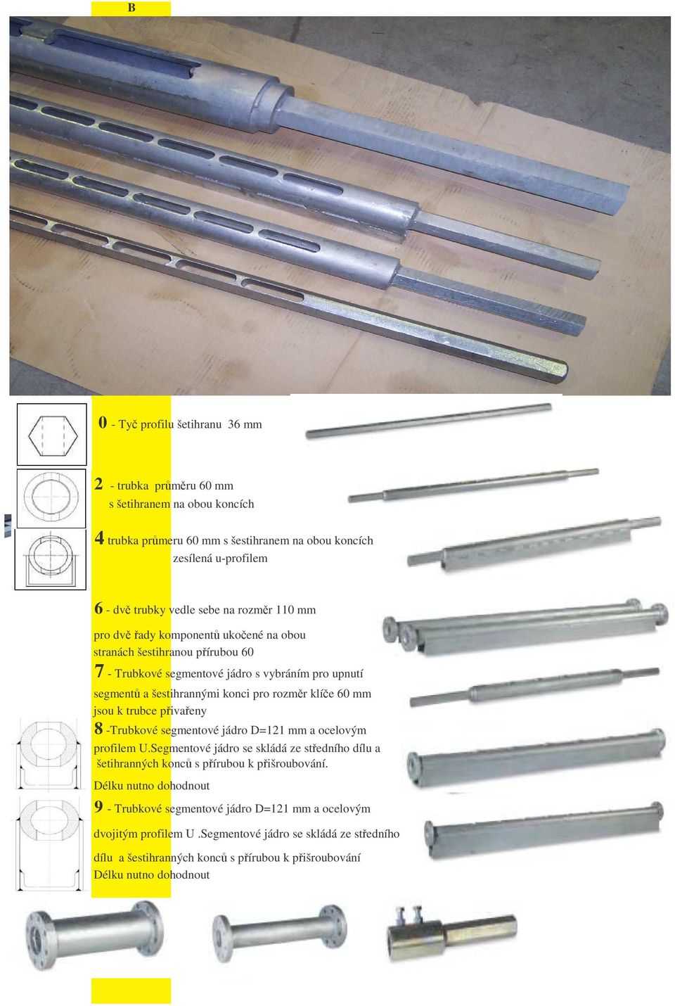 jsou k trubce pivaeny 8 -Trubkové segmentové jádro D=121 mm a ocelovým profilem U.Segmentové jádro se skládá ze stedního dílu a šetihranných konc s pírubou k pišroubování.