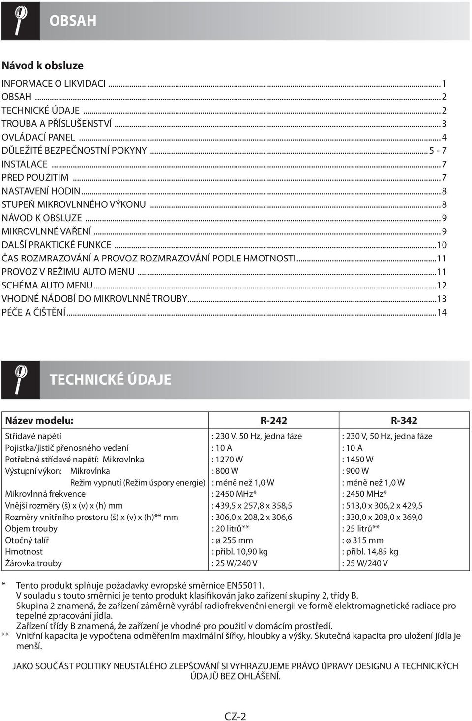..11 PROVOZ V REŽIMU AUTO MENU...11 SCHÉMA AUTO MENU...12 VHODNÉ NÁDOBÍ DO MIKROVLNNÉ TROUBY...13 PÉČE A ČIŠTĚNÍ.
