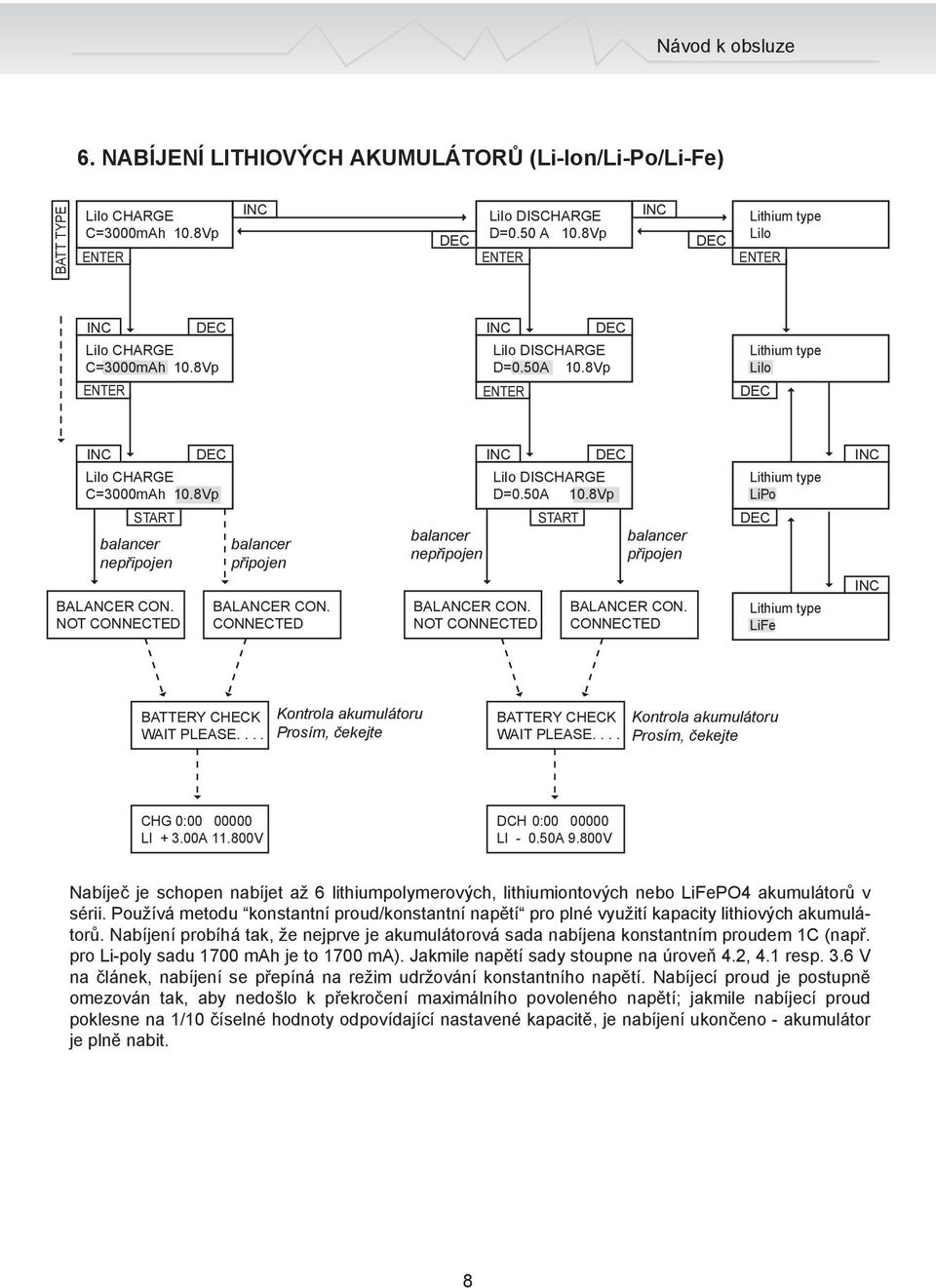 CONNECTED balancer nepřipojen BALANCER CON. NOT CONNECTED LiIo DISCHARGE D=0.50A 10.8Vp balancer připojen BALANCER CON.