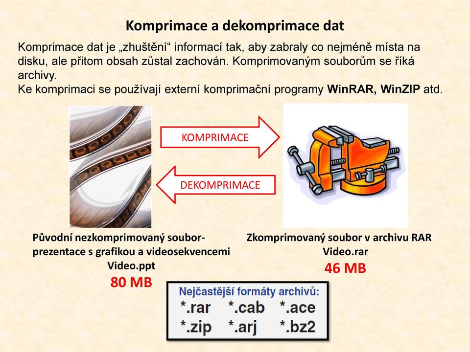 Ke komprimaci se používají externí komprimační programy WinRAR, WinZIP atd.