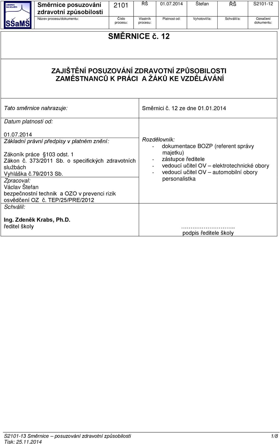 79/2013 Sb. Zpracoval: Václav Štefan bezpečnostní technik a OZO v prevenci rizik osvědčení OZ č. TEP/25/PRE/2012 Schválil: Ing. Zdeněk Krabs, Ph.D.