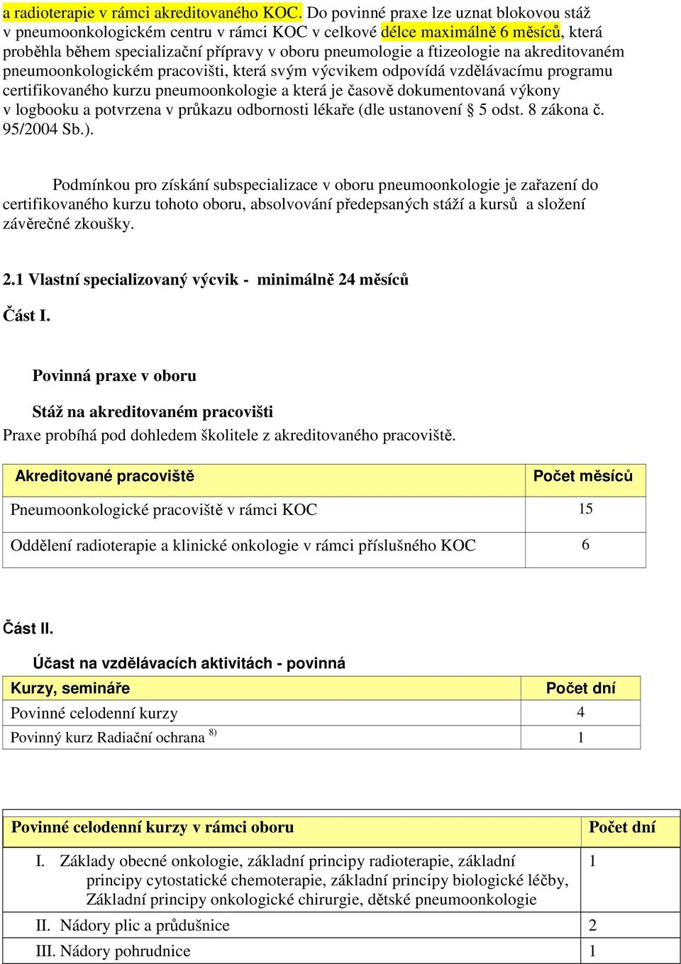 akreditovaném pneumoonkologickém pracovišti, která svým výcvikem odpovídá vzdělávacímu programu certifikovaného kurzu pneumoonkologie a která je časově dokumentovaná výkony v logbooku a potvrzena v