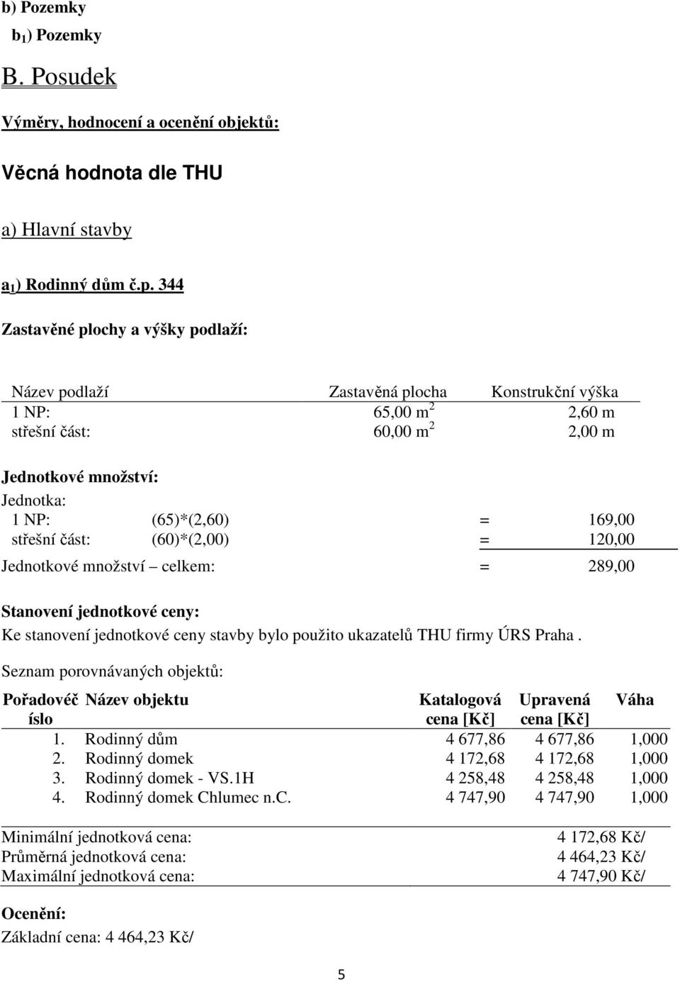 střešní část: (60)*(2,00) = 120,00 Jednotkové množství celkem: = 289,00 Stanovení jednotkové ceny: Ke stanovení jednotkové ceny stavby bylo použito ukazatelů THU firmy ÚRS Praha.