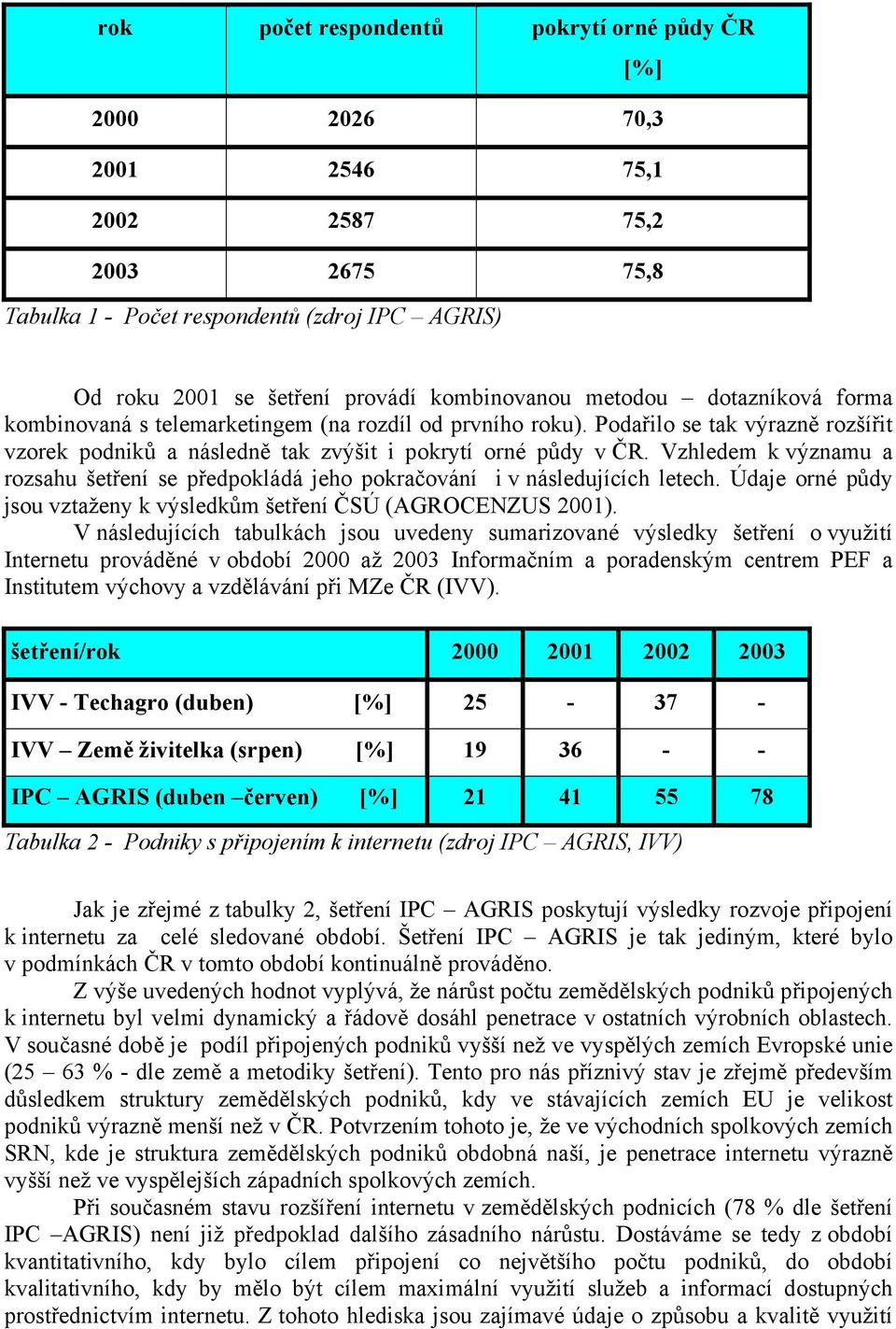 Vzhledem k významu a rozsahu šetření se předpokládá jeho pokračování i v následujících letech. Údaje orné půdy jsou vztaženy k výsledkům šetření ČSÚ (AGROCENZUS 2001).