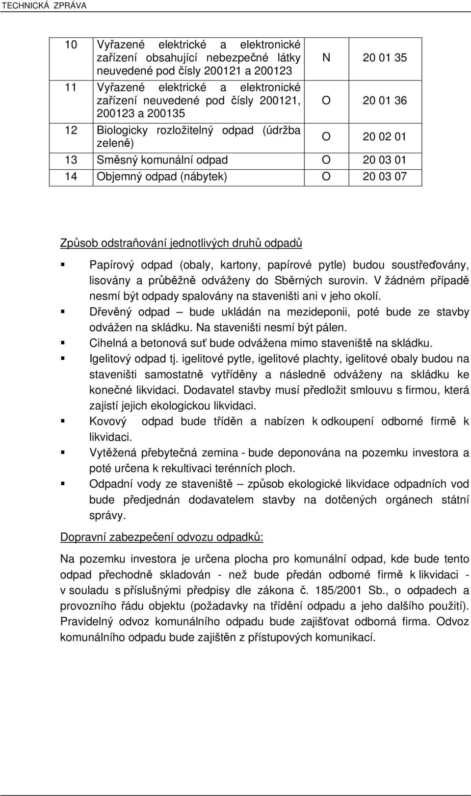 Papírový odpad (obaly, kartony, papírové pytle) budou souste ovány, lisovány a prbžn odváženy do Sbrných surovin. V žádném pípad nesmí být odpady spalovány na staveništi ani v jeho okolí.