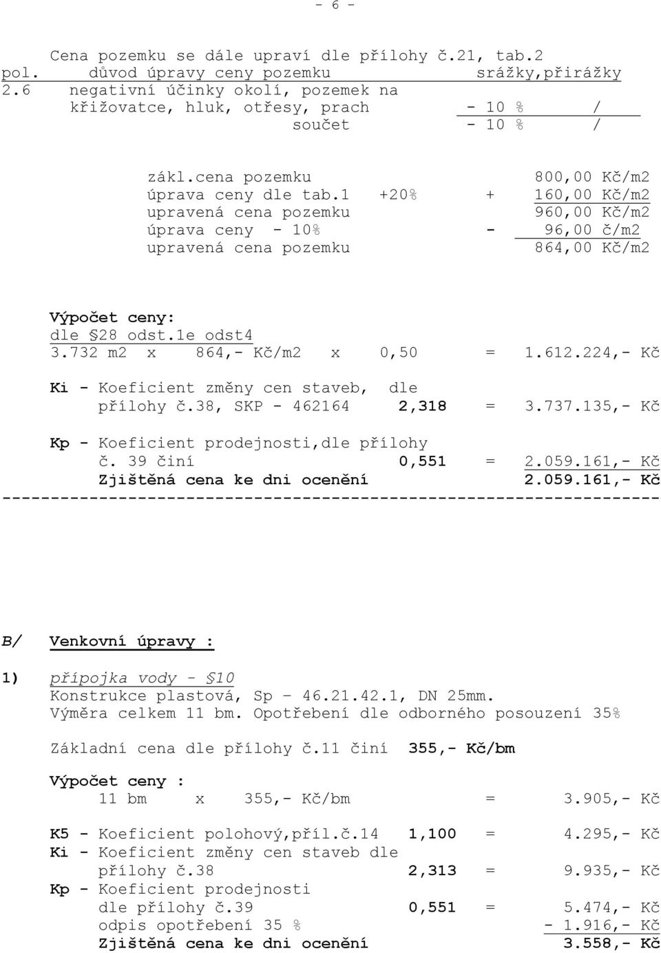 1 +20% + 160,00 Kč/m2 upravená cena pozemku 960,00 Kč/m2 úprava ceny - 10% - 96,00 č/m2 upravená cena pozemku 864,00 Kč/m2 Výpočet ceny: dle 28 odst.1e odst4 3.732 m2 x 864,- Kč/m2 x 0,50 = 1.612.