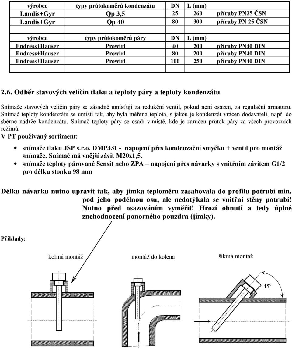 Odběr stavových veličin tlaku a teploty páry a teploty kondenzátu Snímače stavových veličin páry se zásadně umísťují za redukční ventil, pokud není osazen, za regulační armaturu.