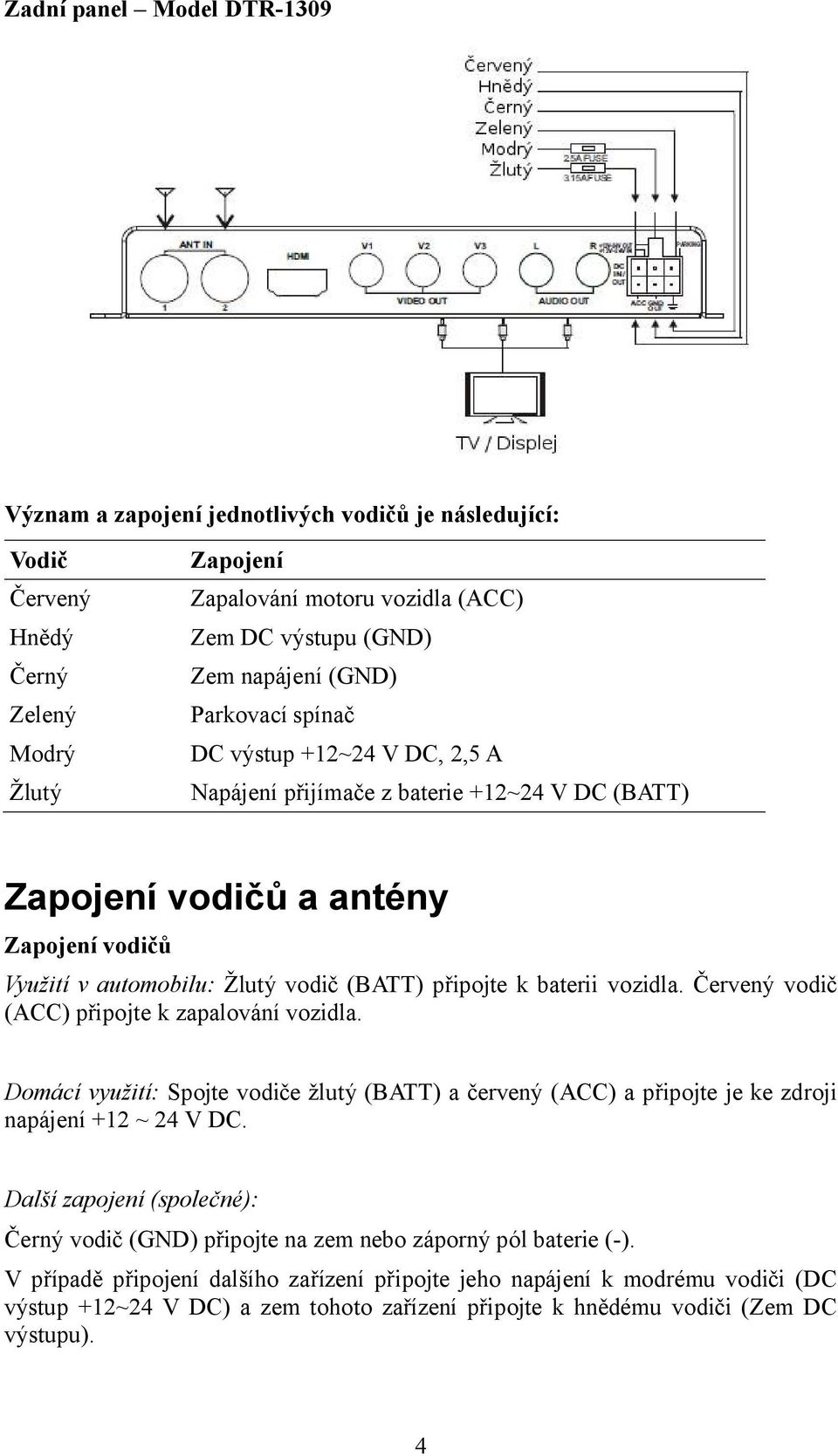 k baterii vozidla. Červený vodič (ACC) připojte k zapalování vozidla. Domácí využití: Spojte vodiče žlutý (BATT) a červený (ACC) a připojte je ke zdroji napájení +12 ~ 24 V DC.