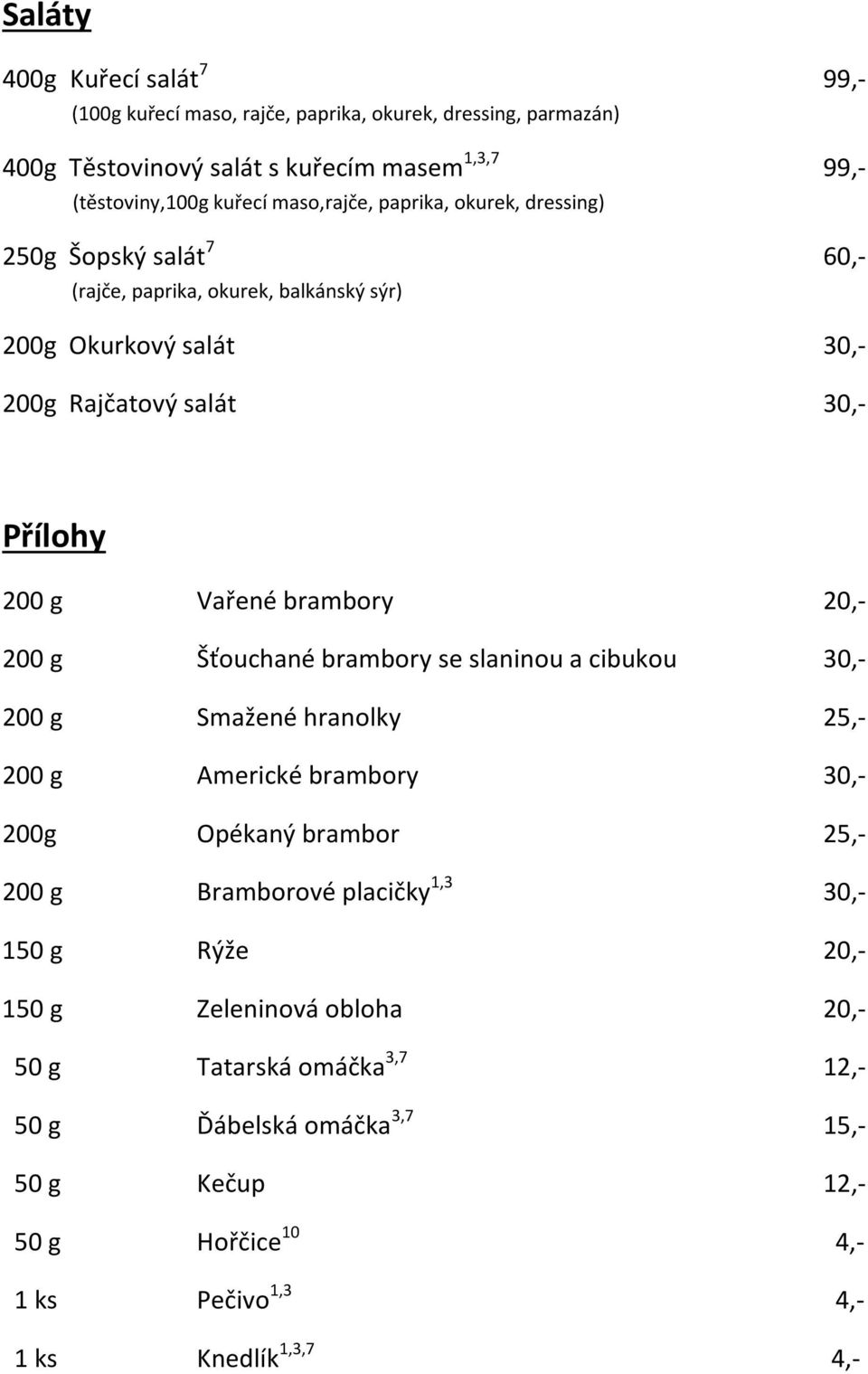 brambory 20,- 200 g Šťouchané brambory se slaninou a cibukou 30,- 200 g Smažené hranolky 25,- 200 g Americké brambory 30,- 200g Opékaný brambor 25,- 200 g Bramborové placičky