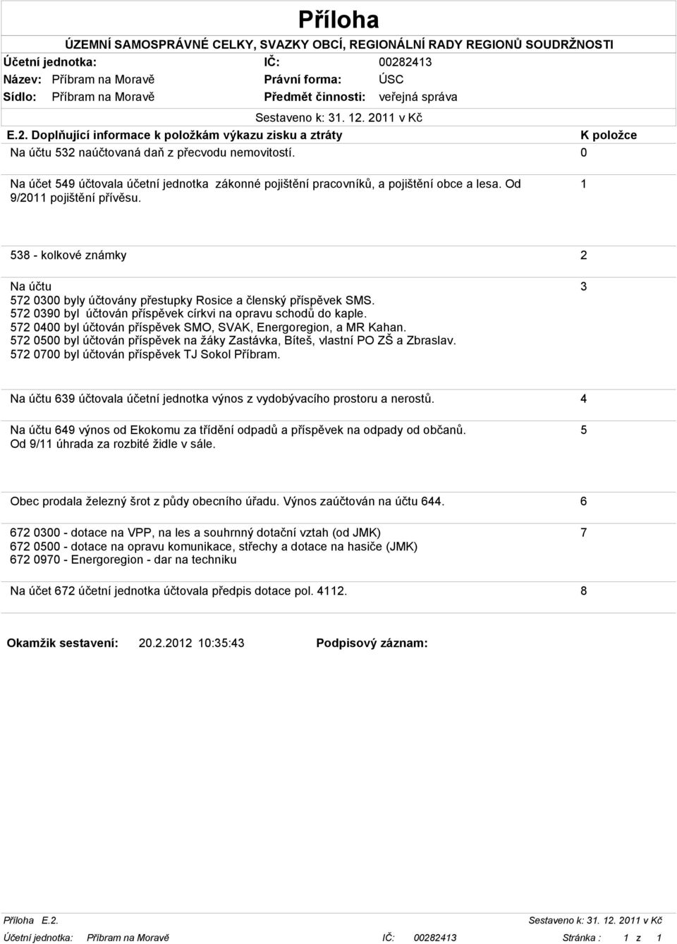 K položce 0 1 538 - kolkové známky Na účtu 572 0300 byly účtovány přestupky Rosice a členský příspěvek SMS. 572 0390 byl účtován příspěvek církvi na opravu schodů do kaple.